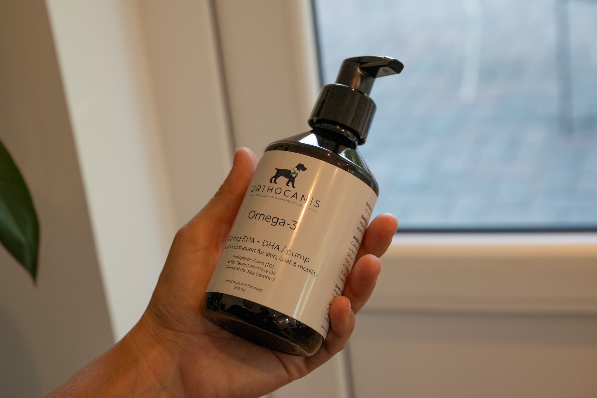 ORTHOCANIS Omega-3 fles in de hand